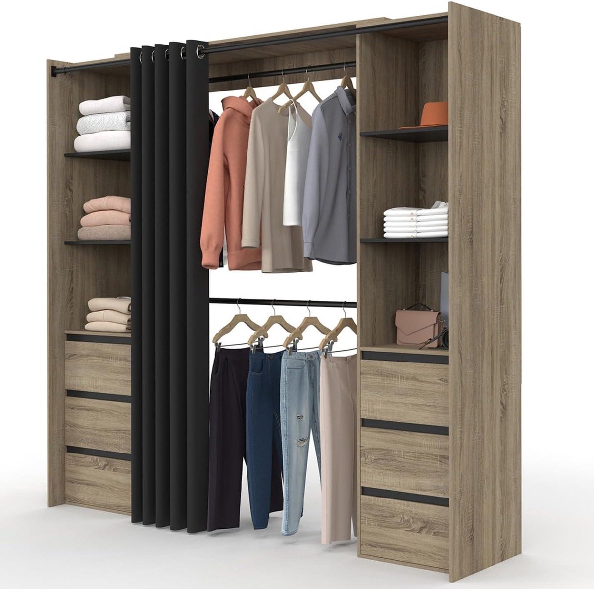 Uittrekbare Kledingkast - Garderobekast Modulair - Kleding Opbergen - 6 Laden 6 Planken -