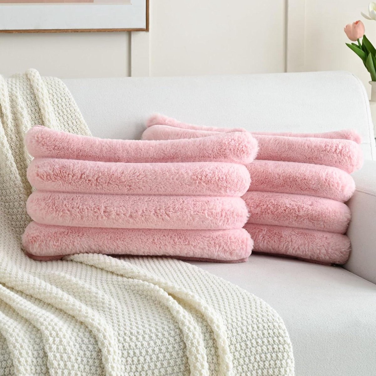 FUTEI Roze decoratieve kussenhoezen 30 x 50 cm set van 2, vierkante zachte faux konijnenbont grote gestreepte kussensloop, woondecoratie voor bank slaapbank woonkamer
