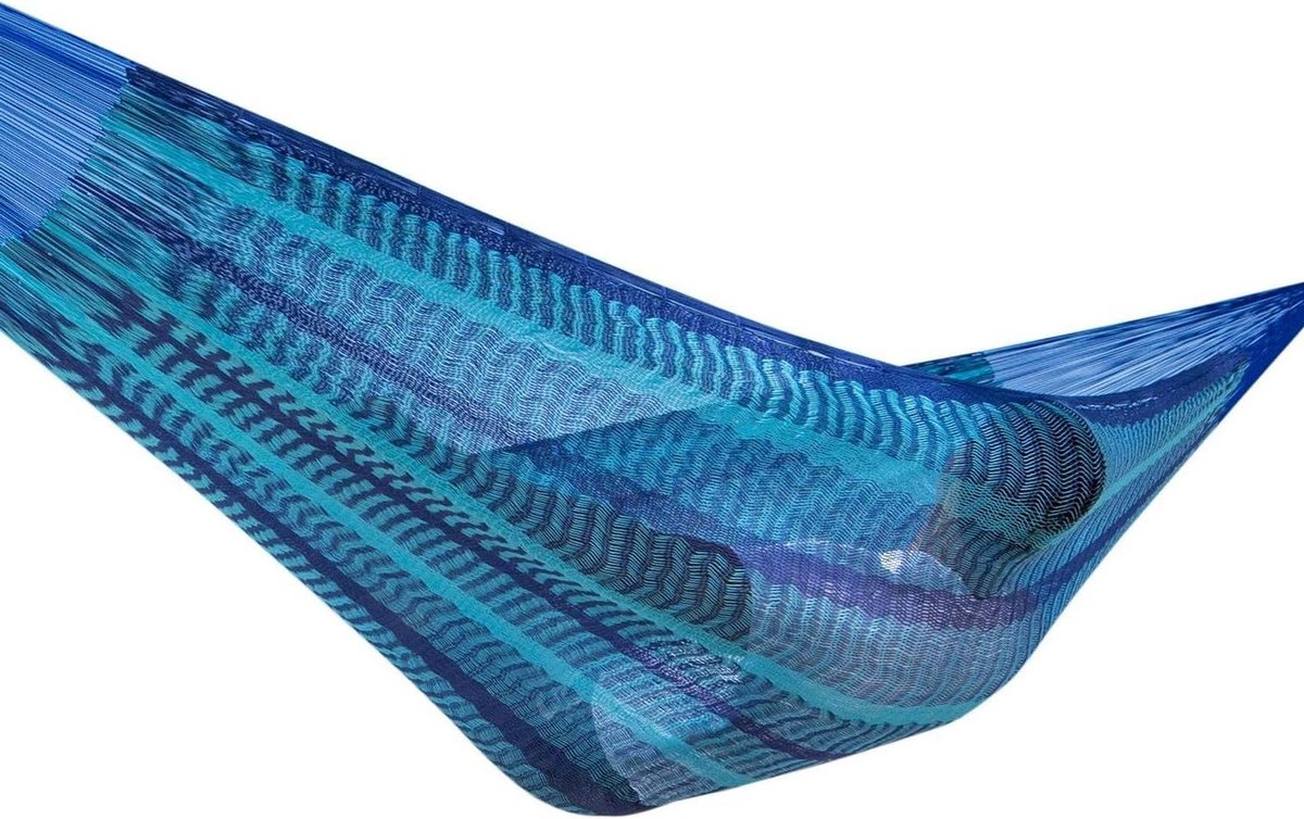 Mexicaanse Hangmat - Dubbele Hangmat - Ontspannen in de tuin - Handgeknoopt katoen - 410 x 200 cm - Blauw gestreept