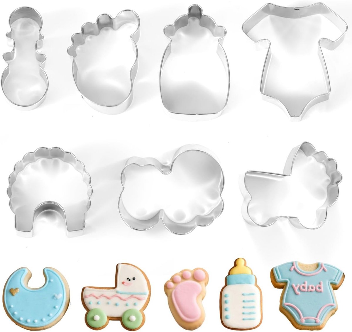 7-delige set koekjesuitsteekvormen voor babyshower, inclusief romper, slab, rammelaar en letters voor feestelijke traktaties