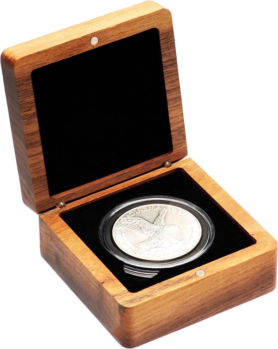 Munt Presentatie Doos - Munten Opbergdoos - Munten Beschermen - Walnoothout met Plastic Capsule - 8cm Vierkant - Zwart