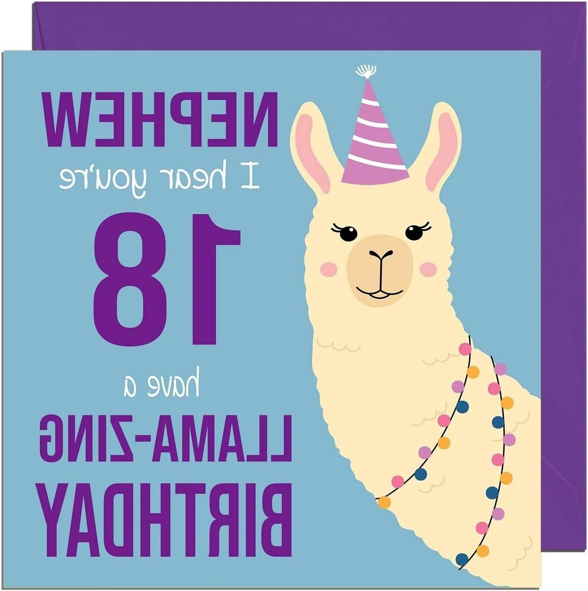 Verjaardagskaart Lama - Grappige Kaart Neef - 18e Verjaardag Vieren - Gedrukt op Gerecycled Karton - 145 x 145 mm