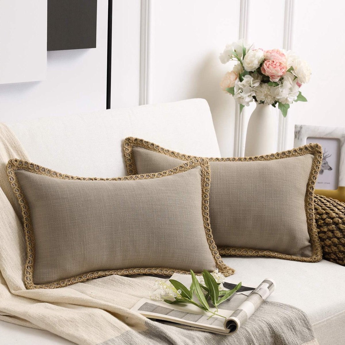 Kussenhoezen Boerderij - Sierkussenhoezen Linnen - Woonkamer Decoratie - Jute met Linnen Rand - 30 x 50 cm - Beige