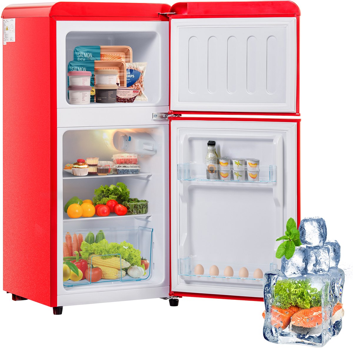 Gutent-Retro koel-vriescombinatie - 60L totaal - 22L vries - 88cm hoog - LED-verlichting - Premium Rood