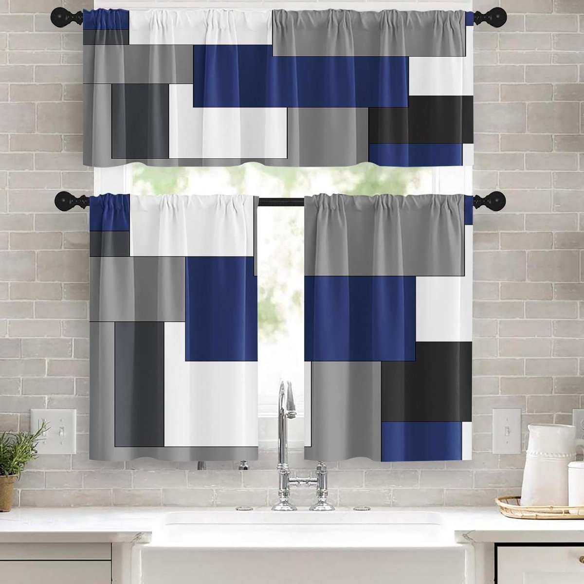 Keukengordijnen set - Raambekleding - Privacy en decoratie - Zacht kreukvrij materiaal - 3-delig 71 cm - Abstract geometrisch