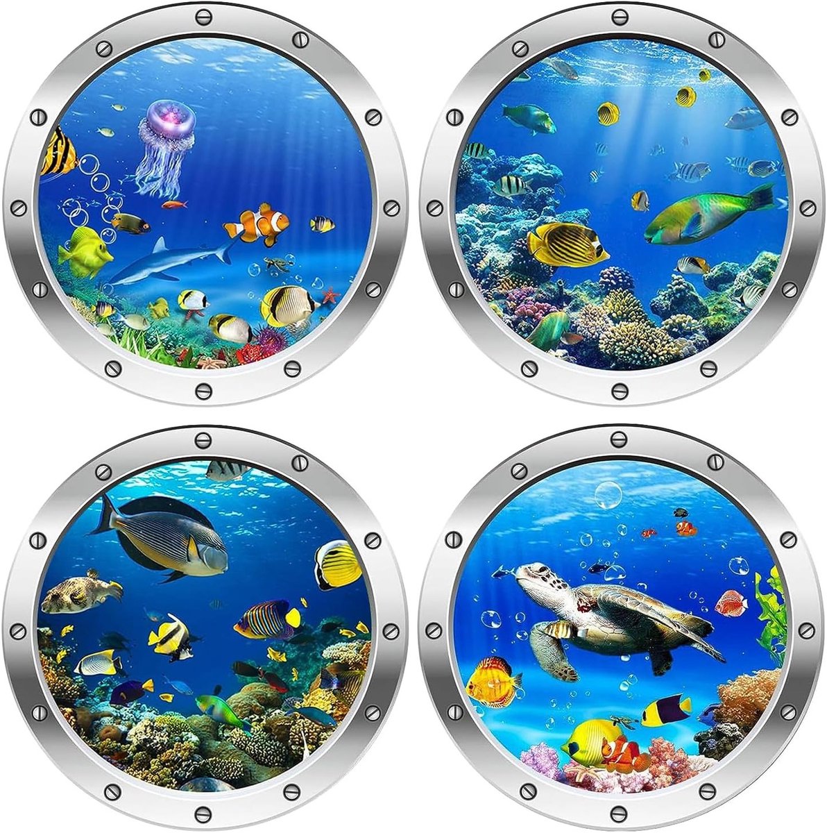 3D Muurstickers Onderwaterwereld - 4 Delen Haai Wanddecoratie voor Kinderkamer en Badkamer met Zeedieren