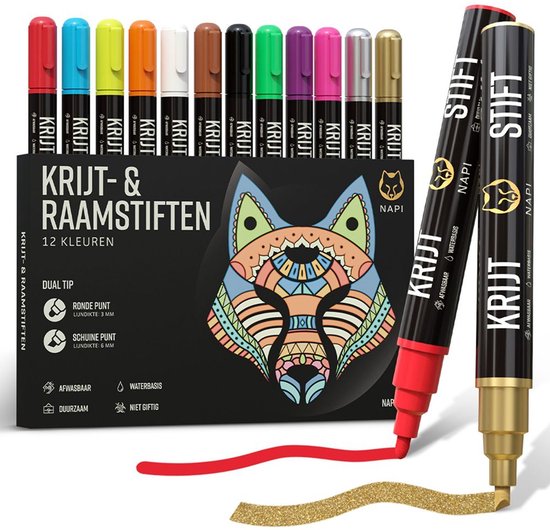 Doos met 12 krijt- en raamstiften, met een kleurrijke tekening van een vos, twee losse stiften rood en goud, en rode en gouden strepen.