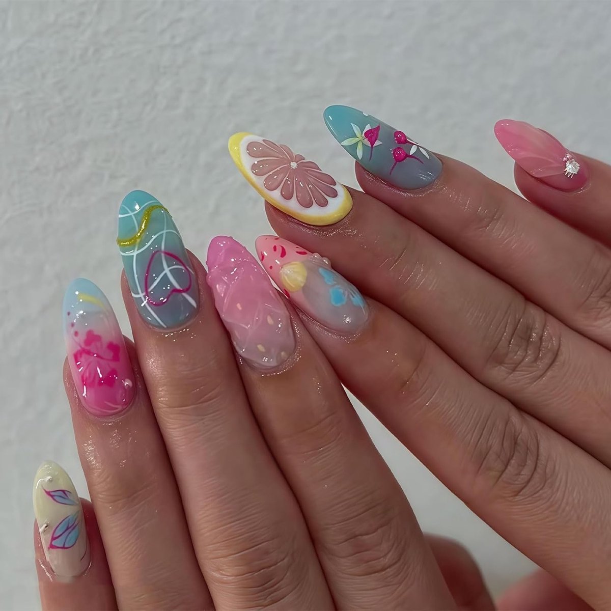 3D Bloemen en Sterren Ontwerpen Persoonlijke Nagels, 24 Stuks Amandelvorm, Volledige Bedekking Kunstnagels, Nagelkunst Decoratie voor Vrouwen