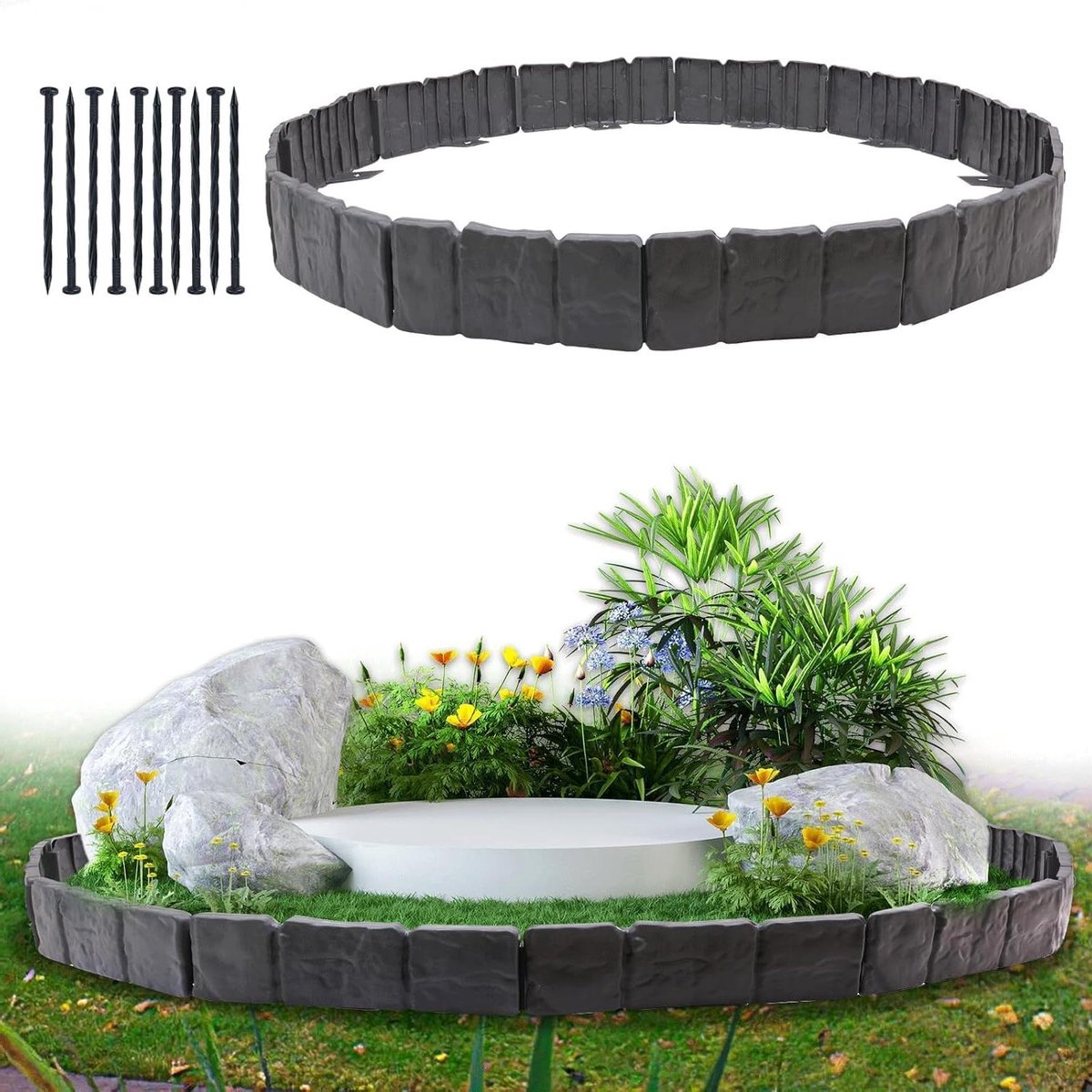 Tuinrand Landschap - Bloembed Randen - Tuin Neter Maken - Imitatie Steen Effect - 25 x 9.5 cm - Zwart