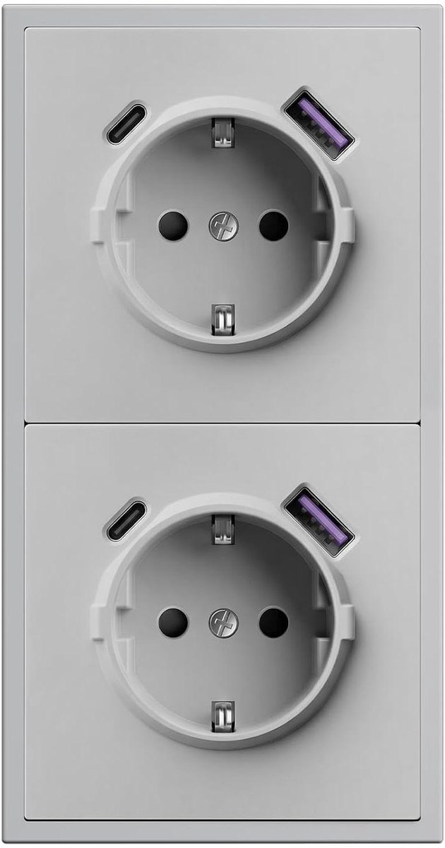 Dubbel Inbouwstopcontact - Wandcontactdoos Dubbel - Apparaten Opladen - Met Snellader USB C - 16 A 250 Volt - Lichtgrijs