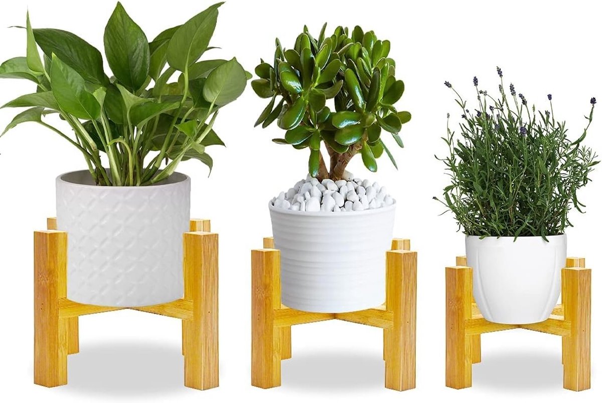 Set van 3 Houten Plantenstands voor Bloempotten - Mid-Century Modern Mini Plantenhouder voor Binnen en Tuin Decoratie