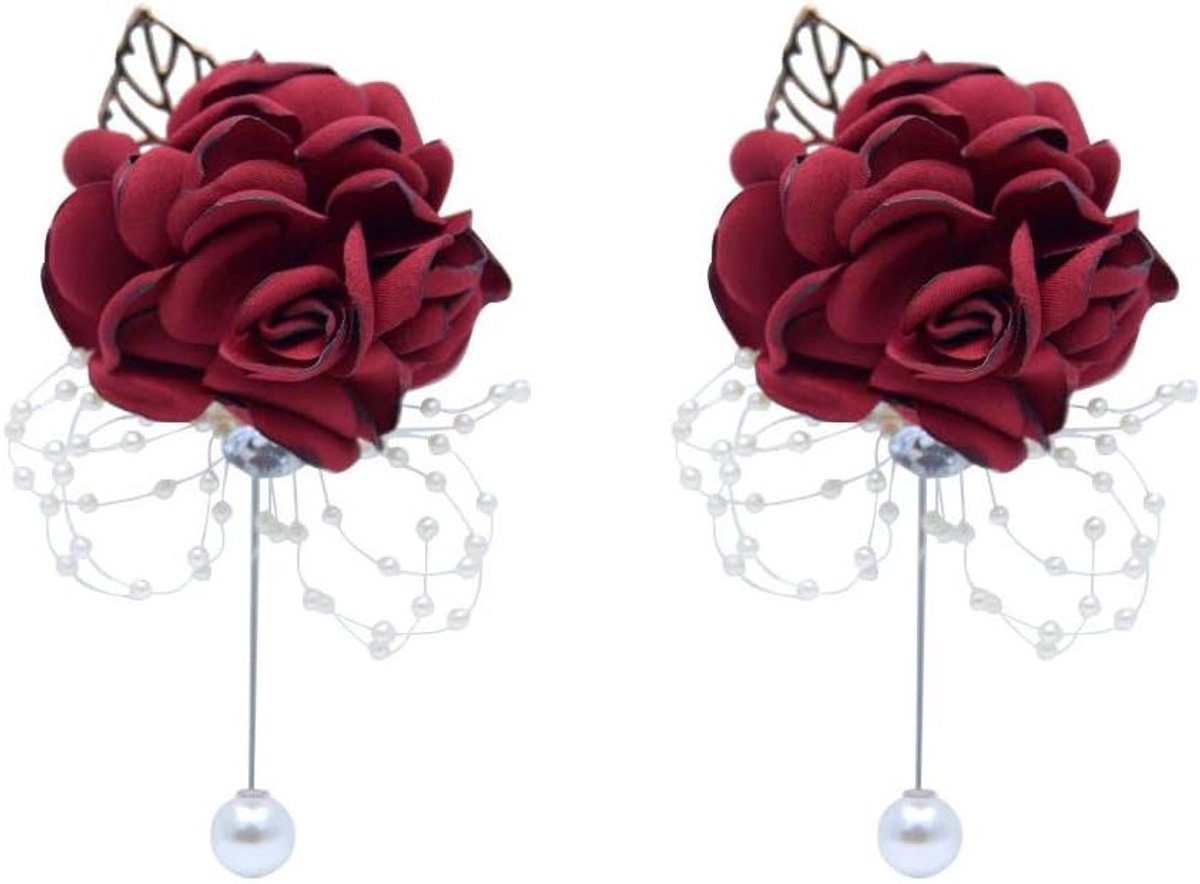 Bruiloft Corsages - Polsbloemen Boutonnieres - Bruiloft Feest Decoratie - Handgemaakt met Parels - 12 x 7 cm - Wijnrood