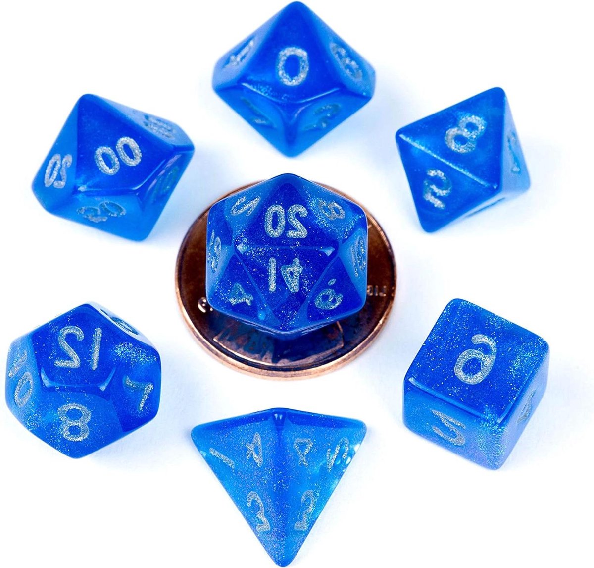 Mini Dobbelstenen Set - Polyhedral Dice - Overal Gamen - 7 Delige Set - 10mm - Blauw Zilver