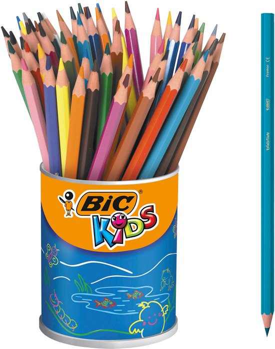 Blik met BIC Kids potloden en één losse lichtblauwe potlood.