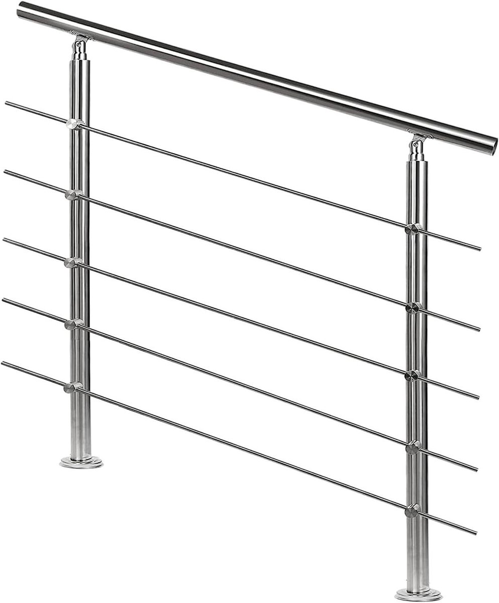 Roestvrij stalen leuning - Trapleuning balustrade - Veilig traplopen - 5 dwarsbalken - 80 cm - Geborsteld staal