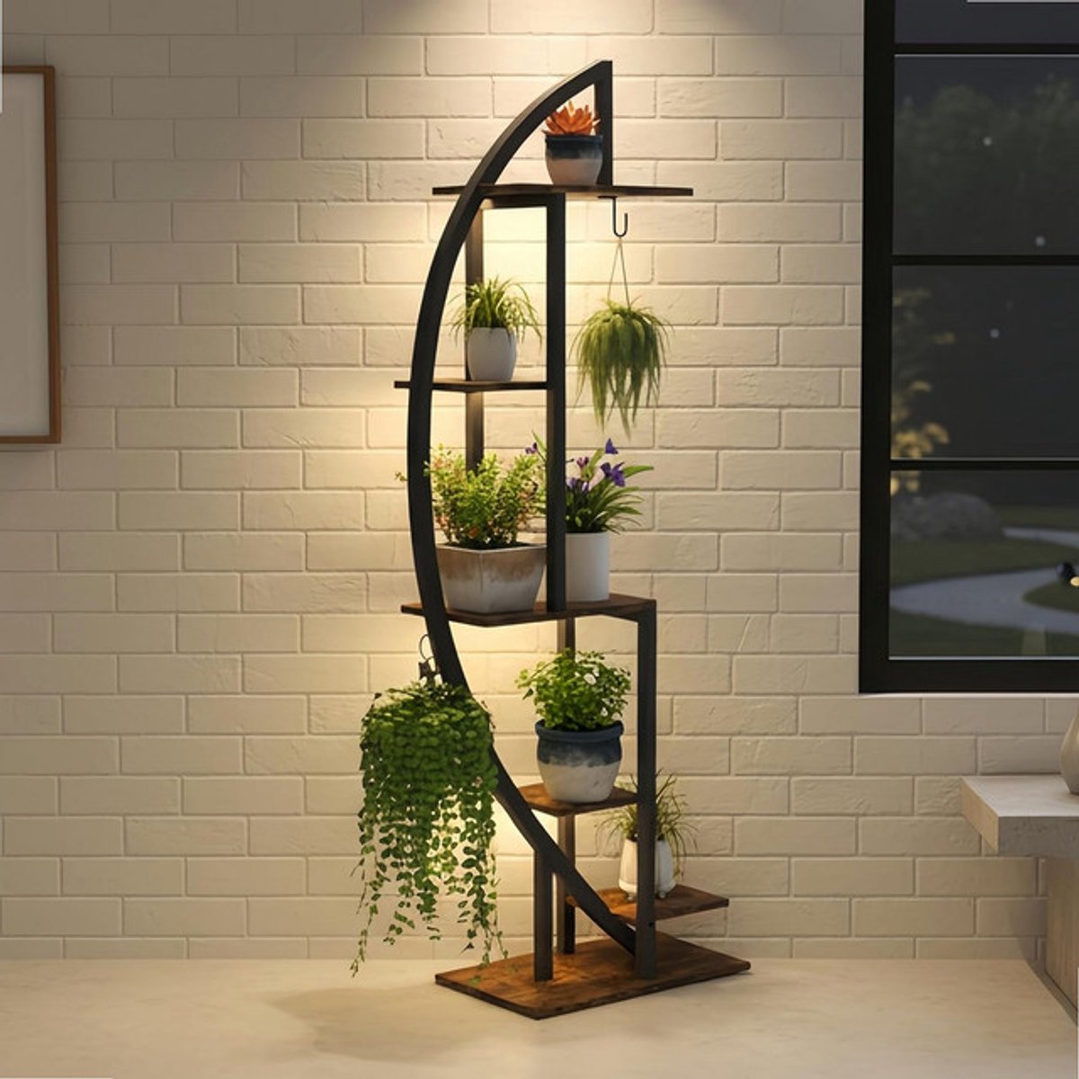 Sierra, met groeilicht voor binnen en buiten, 160 cm, 6 niveaus, bloemenstandaard voor binnen, van hout en metaal, plantenrek met licht, voor terras, tuin, balkon, hoek, woonkamer
