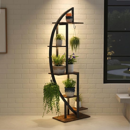 Sierra, met groeilicht voor binnen en buiten, 160 cm, 6 niveaus, bloemenstandaard voor binnen, van hout en metaal, plantenrek met licht, voor terras, tuin, balkon, hoek, woonkamer