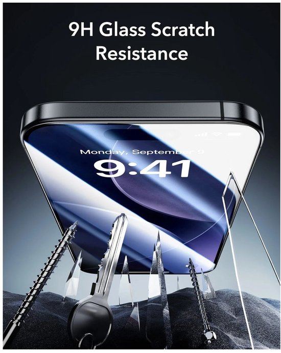 iPhone met screenprotector die bestand is tegen krassen van sleutels en schroeven, met "9H Glass Scratch Resistance".