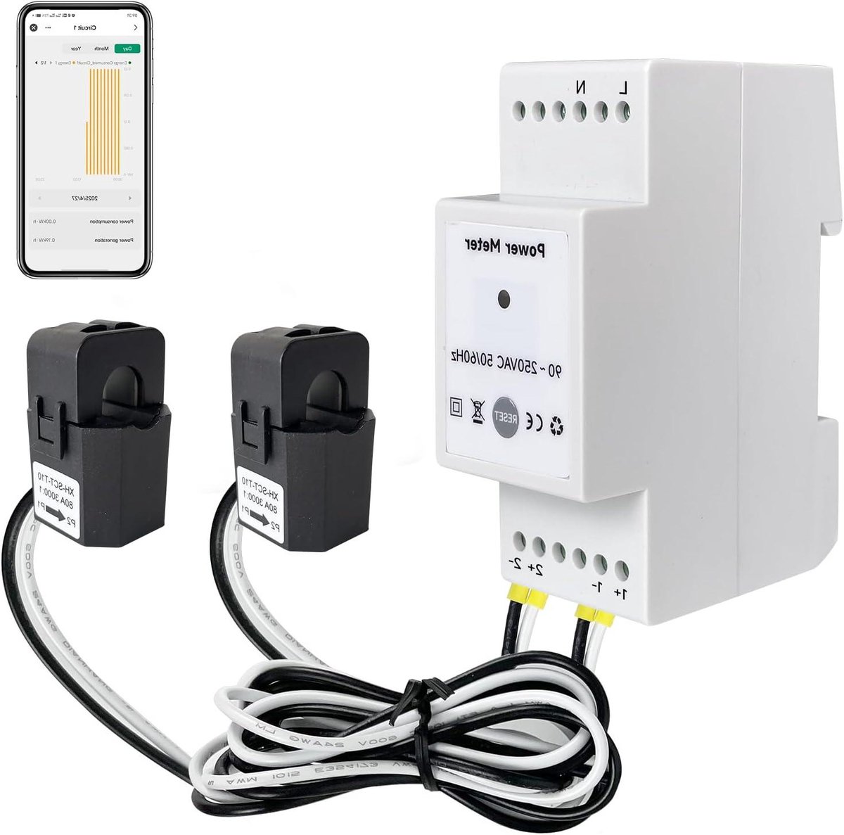 Energielabel Monitor - Stroommeter WiFi - Energie Verbruik Meten - Realtime Data Export - 80A - Wit