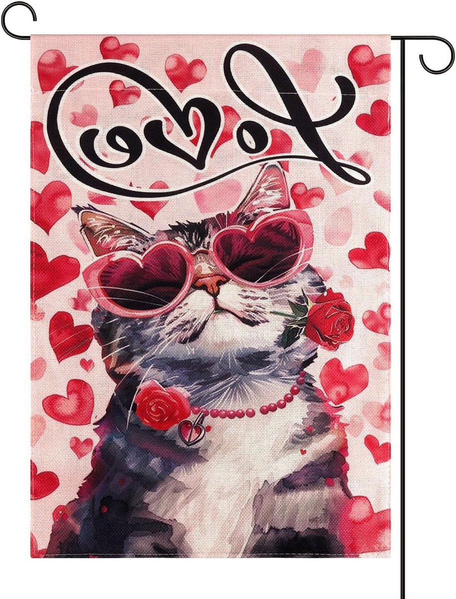 Schattige katten tuinvlag voor Valentijnsdag, 45.5x31cm, met roze zonnebril - Perfecte decoratie voor buiten en tuinfeestjes