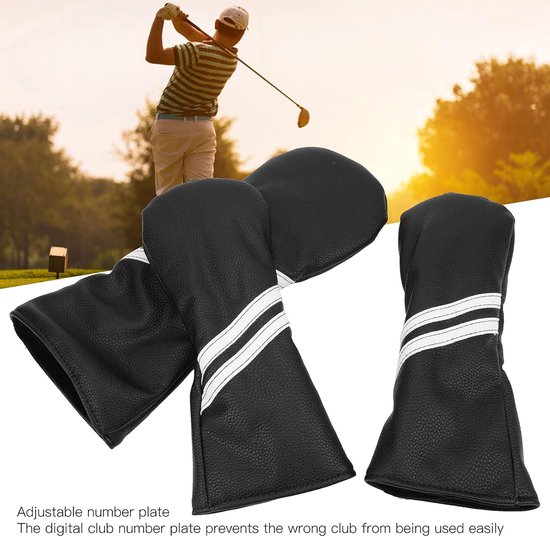 Golfhouten Headcover Set - Golf Club Covers - Golfclub Bescherming - Waterdicht PU Materiaal - Set van 3 - Zwart — afbeelding 2
