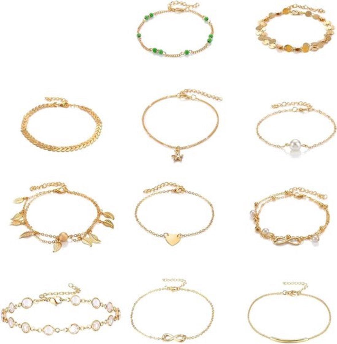 Gouden Enkelbandjes - 10-delige set voor dames, meisjes en tieners