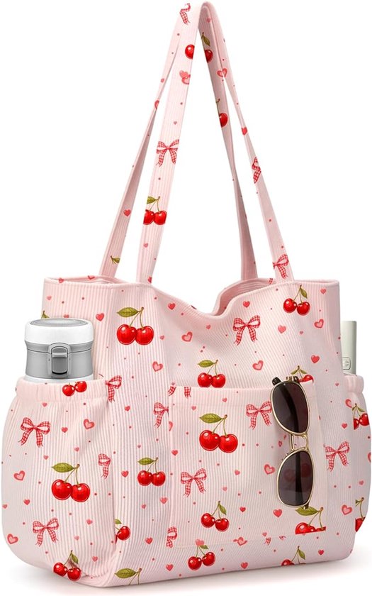 Grote Strandtas Dames XL - 38.5 x 36 cm - Corduroy Tote Bag - Roze met Kersen & Strikjes Print - Shopper met Zijvakken & Rits - Grote Capaciteit voor Handdoek & Zonnebrand - Voor Vakantie & Strand