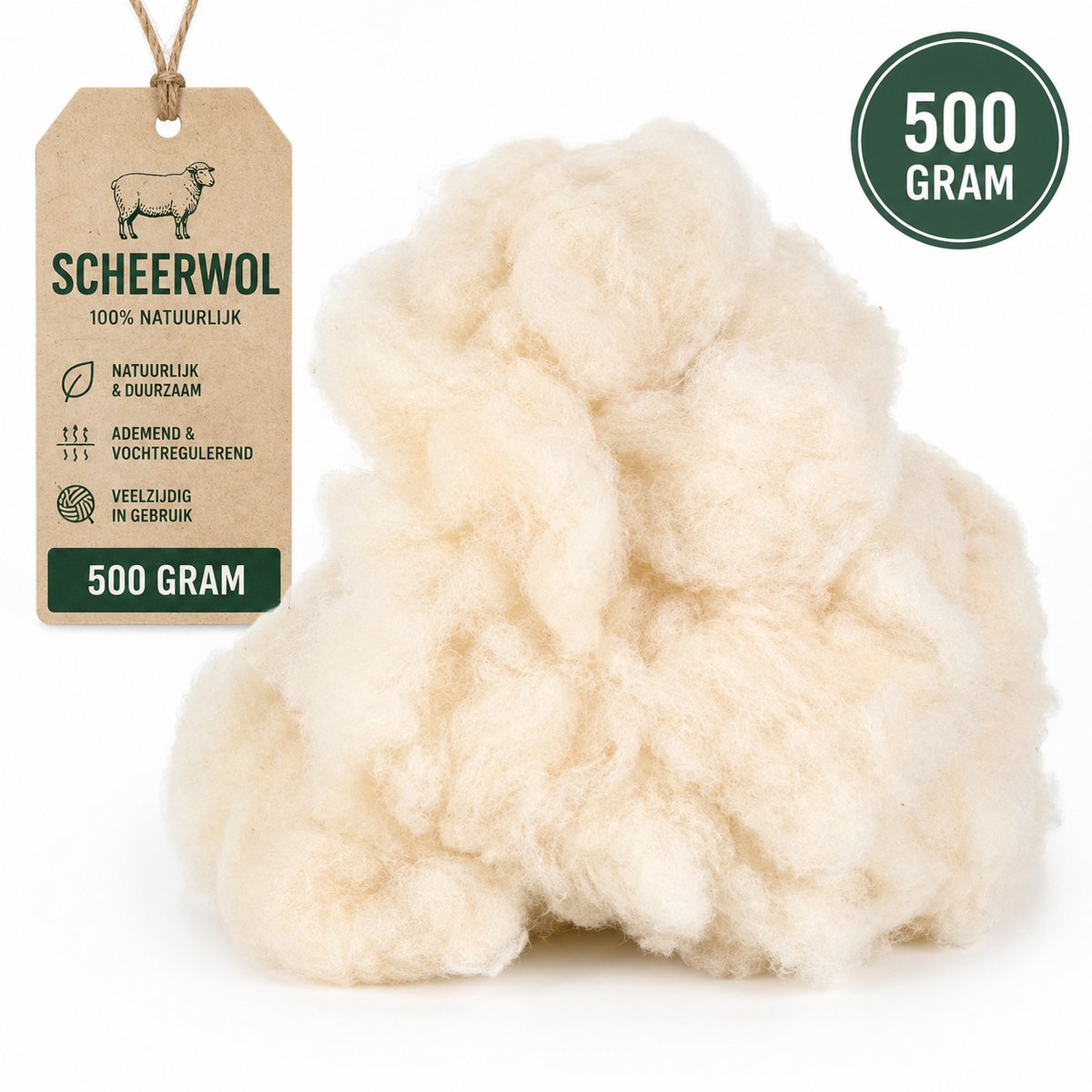 Scheerwol - 500 gram - Kussenvulling - navulling - natuurlijke vulling - Organische vulling - Natuurproduct - Schapenvacht - wol