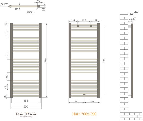 Dessin technique du radiateur Radiva Haiti 500 x 1200mm chromé, avec dimensions et instructions d'installation.
