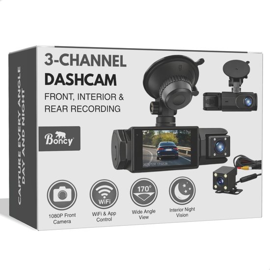Doos van de Boney 3-kanaals dashcam met voor-, interieur- en achteropname, 1080P, WiFi, 170 graden kijkhoek, nachtzicht.