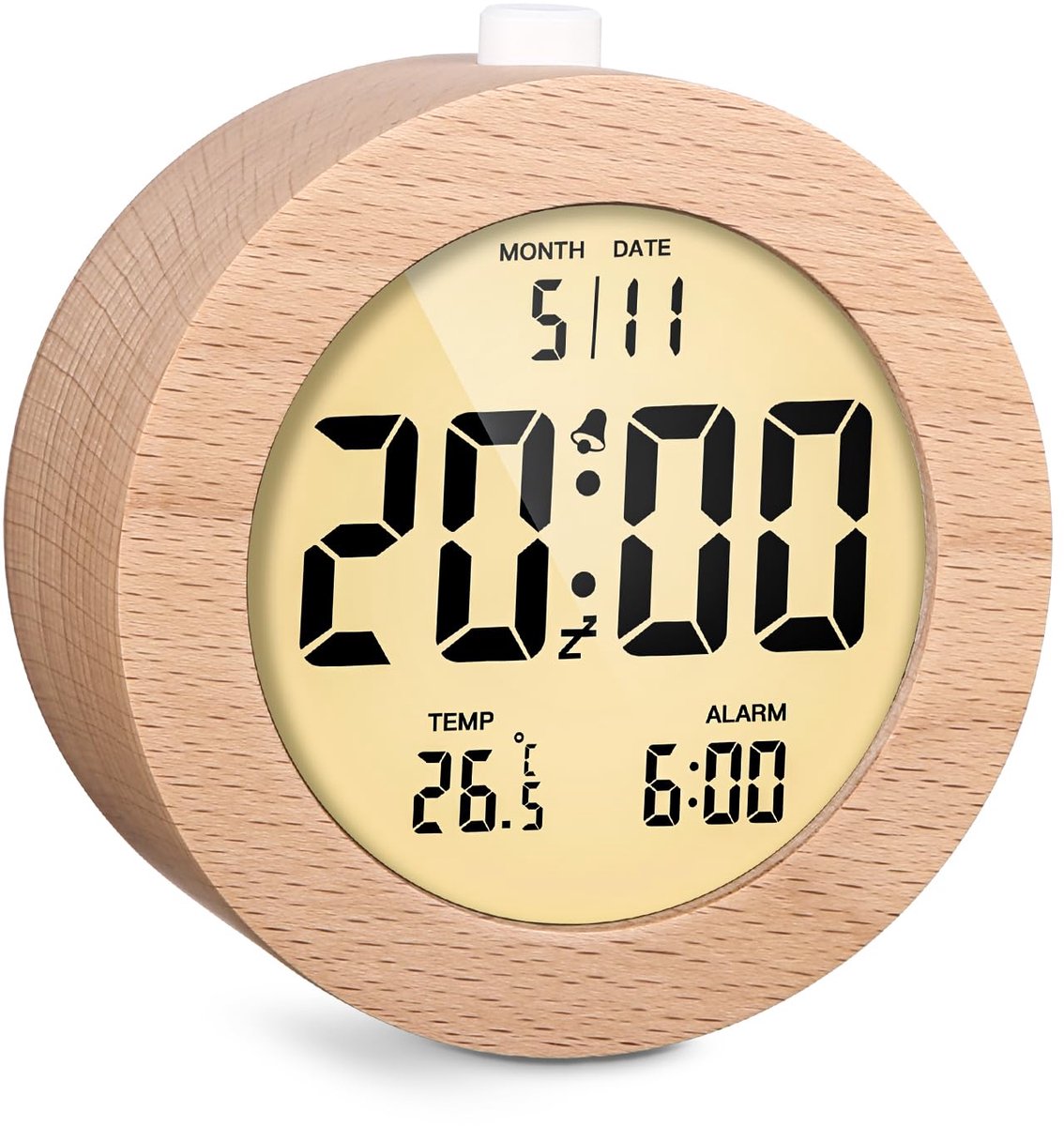 carmdering- Ronde Houten Wekker - Natuurlijke Digitale Klok - LCD Display Tafelklok - Datum En Temperatuur Weergave - Retro Verlichting Met Snooze - Massief Hout - Stijlvol Design - Ideale Slaapomgeving Sfeer - 1 Stuk