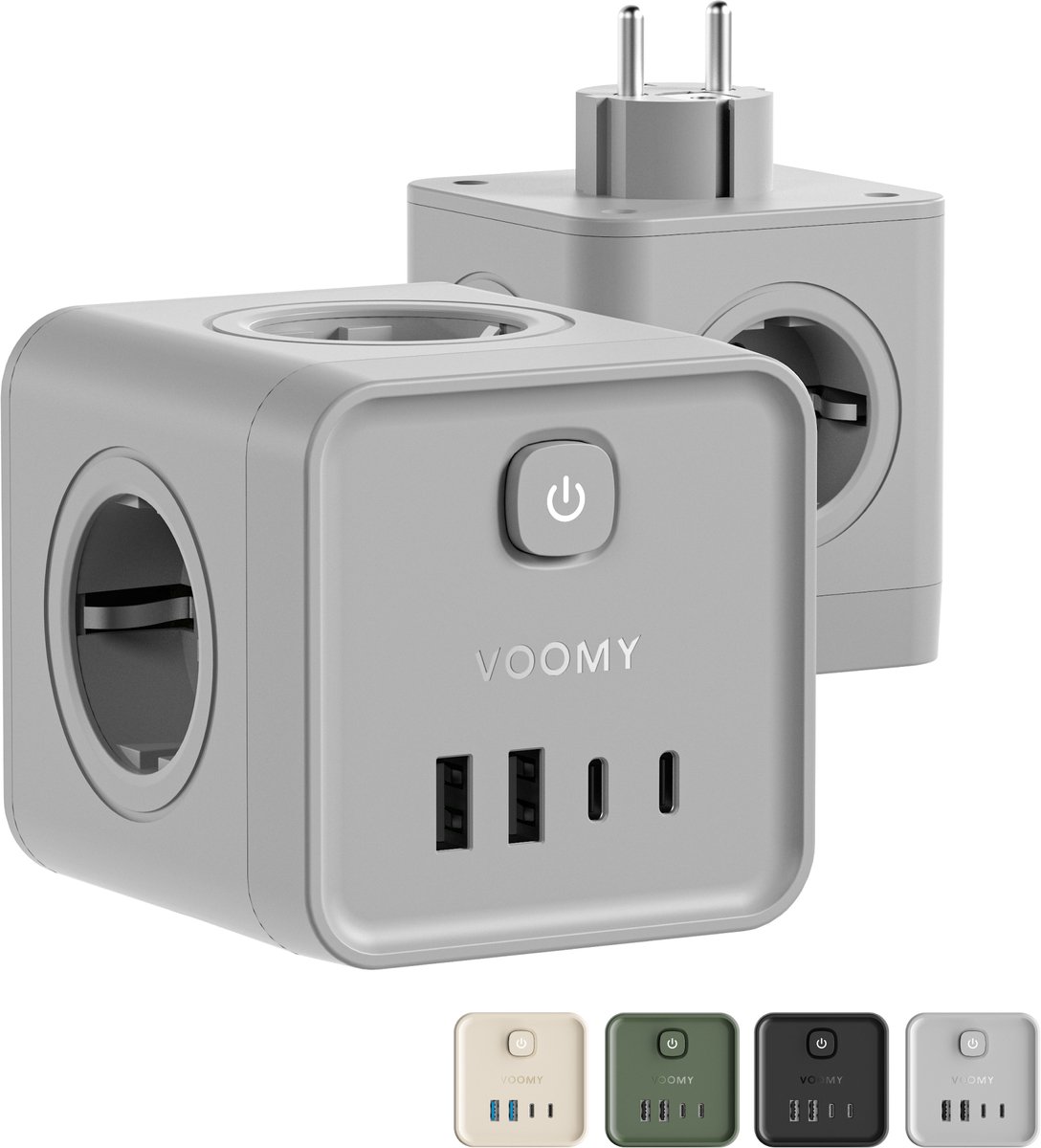 Voomy Verdeelstekker 20W - Stekkerdoos - USB-C & USB-A - Aan/Uit Schakelaar - Stopcontact Splitter - Powercube - Grijs