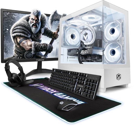 Gaming-pc-set met een witte pc-behuizing, monitor met een krijger, toetsenbord, muis en koptelefoon.