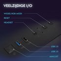 Gedetailleerde weergave van de I/O-poorten: aan/uit-knop, USB 3.0, USB 2.0, headset-aansluiting, reset-knop en RGB-modi.