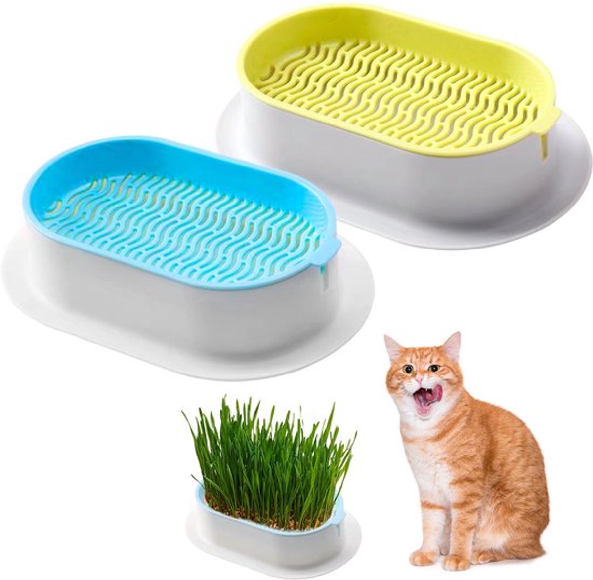 Verpakking met 2 plantenbakken voor kattengras: kattenbak, kiembak, kweekbakken, krabpaal met afdekrooster voor kattengras, zaden (grijsgroen + blauwwit)