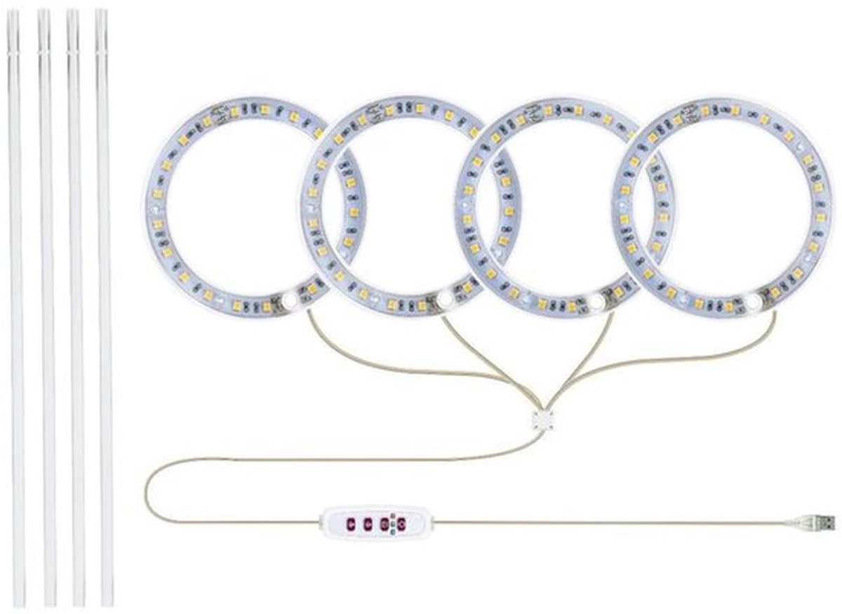 USB Plantenlamp met timer, 4 ringvormige lampkop, verstelbare helderheid voor kamerplanten (rood blauw)