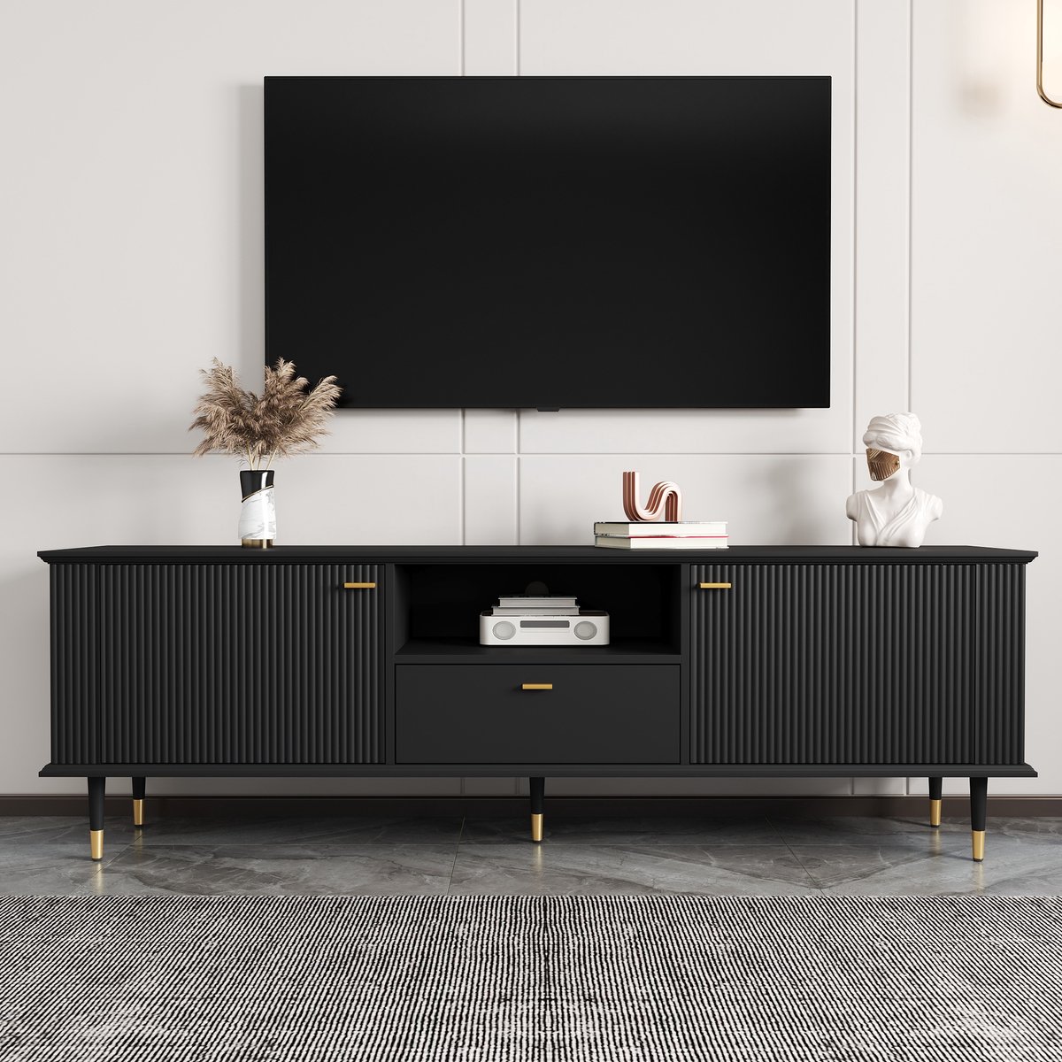 MODFU Tv-meubel – 170x36x54 cm – Met lade & open vak – Softclose – Modern design – Tv-kast met opbergruimte – Sterk MDF – Zwart