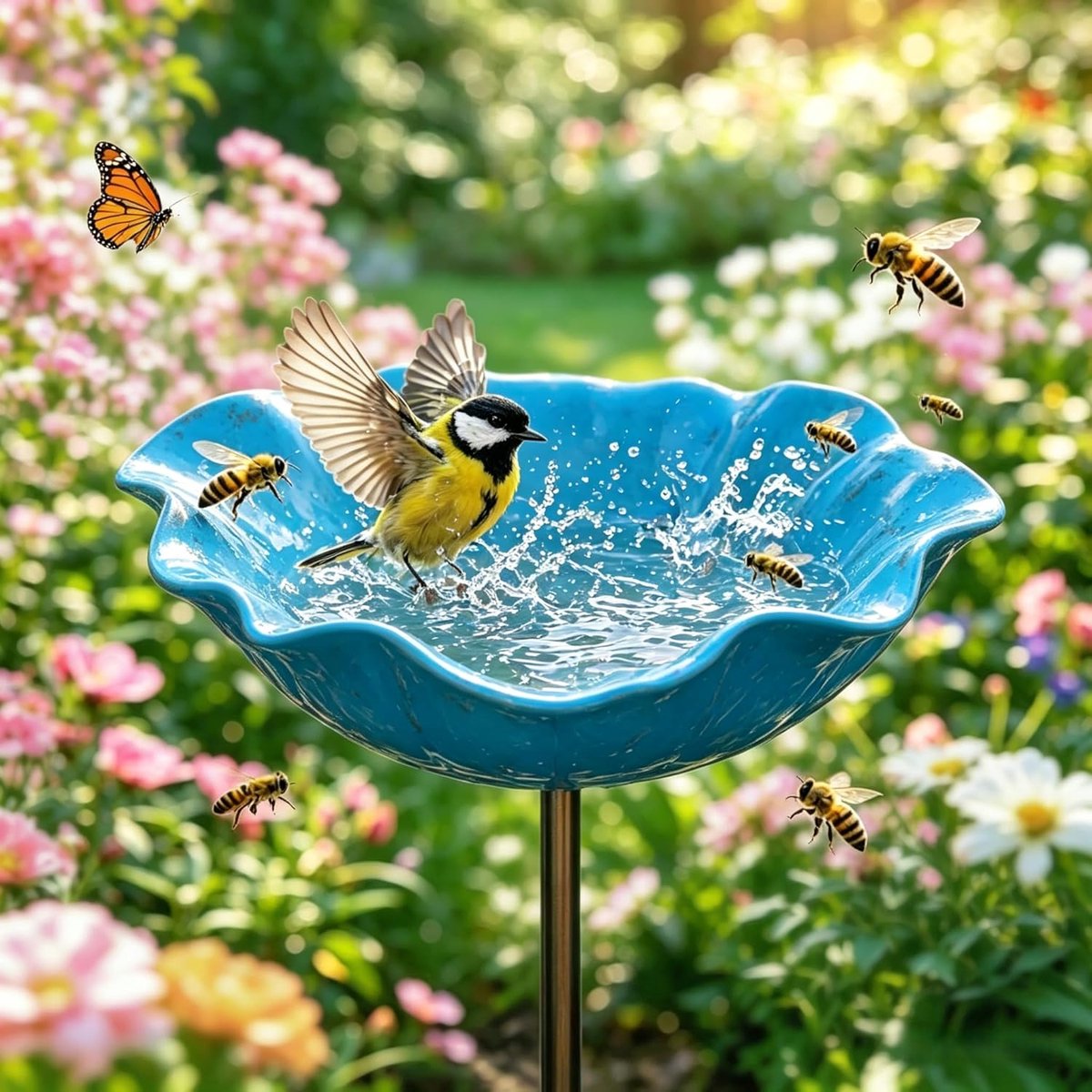 Handgemaakte metalen bloem-tuinsteker met vogelbadje – Bijen-drinkstation - bijenbad voor in de tuin - bloemontwerp – Kleurrijke schaal met vlinderdecoratie voor tuindecoratie – Blauw