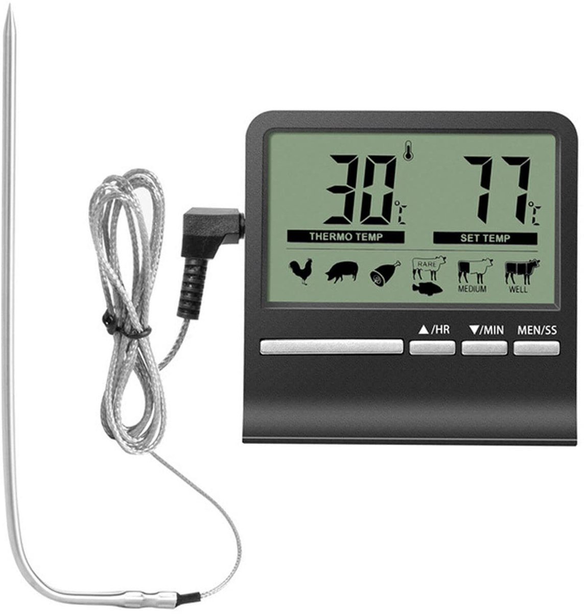 Jhubersproducts - Oven Thermometer - Digitale LCD Display - Timer - Accuraat - Hoge Temperatuur Waarschuwing - Voor koken en bakken - Geschikt voor el