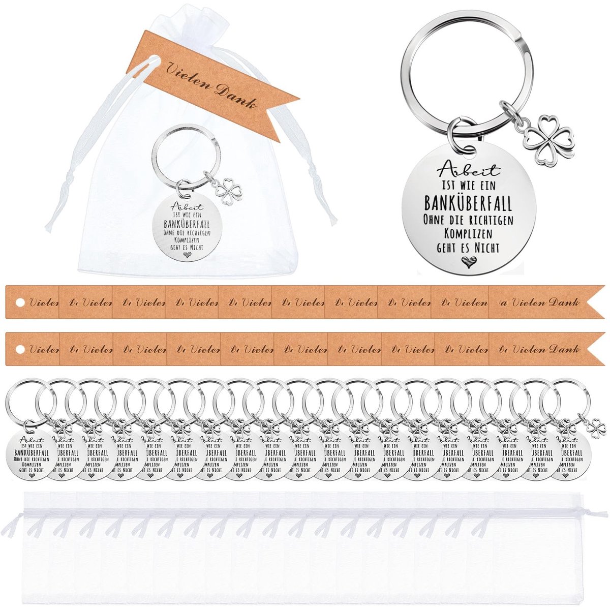 Jhubersproducts - Afscheidscadeaus voor Collega's - Sleutelhangers en Cadeaulabels - Organza Zakjes - Bedankjes voor Werk - Verandering van Baan en Pe