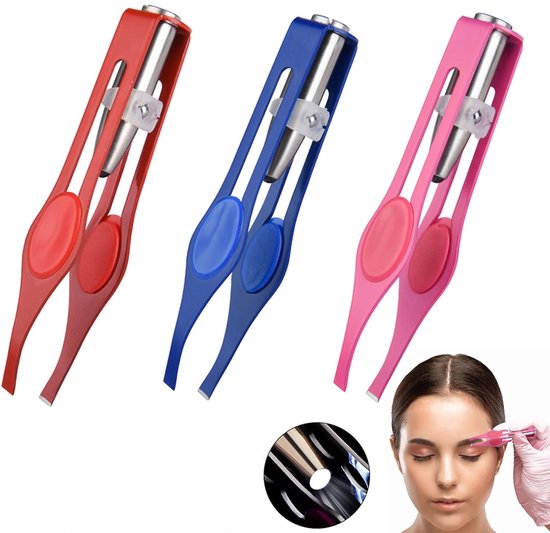 Drie pincetten met LED-lampje in rood, blauw en roze. Met metalen punt en ovale grip.