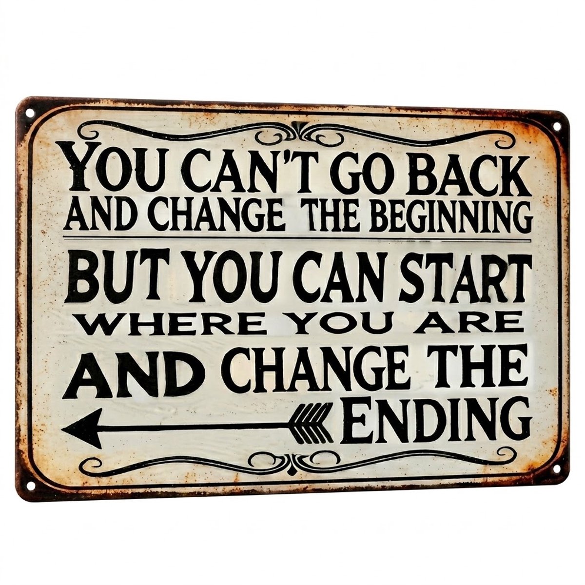 Wit rechthoekig tekst bord muurdecoratie voor dames en heren met inspirerende quote vintage stijl zwart lettertype wandbord met motiverende tekst en pijl detail decoratief bord