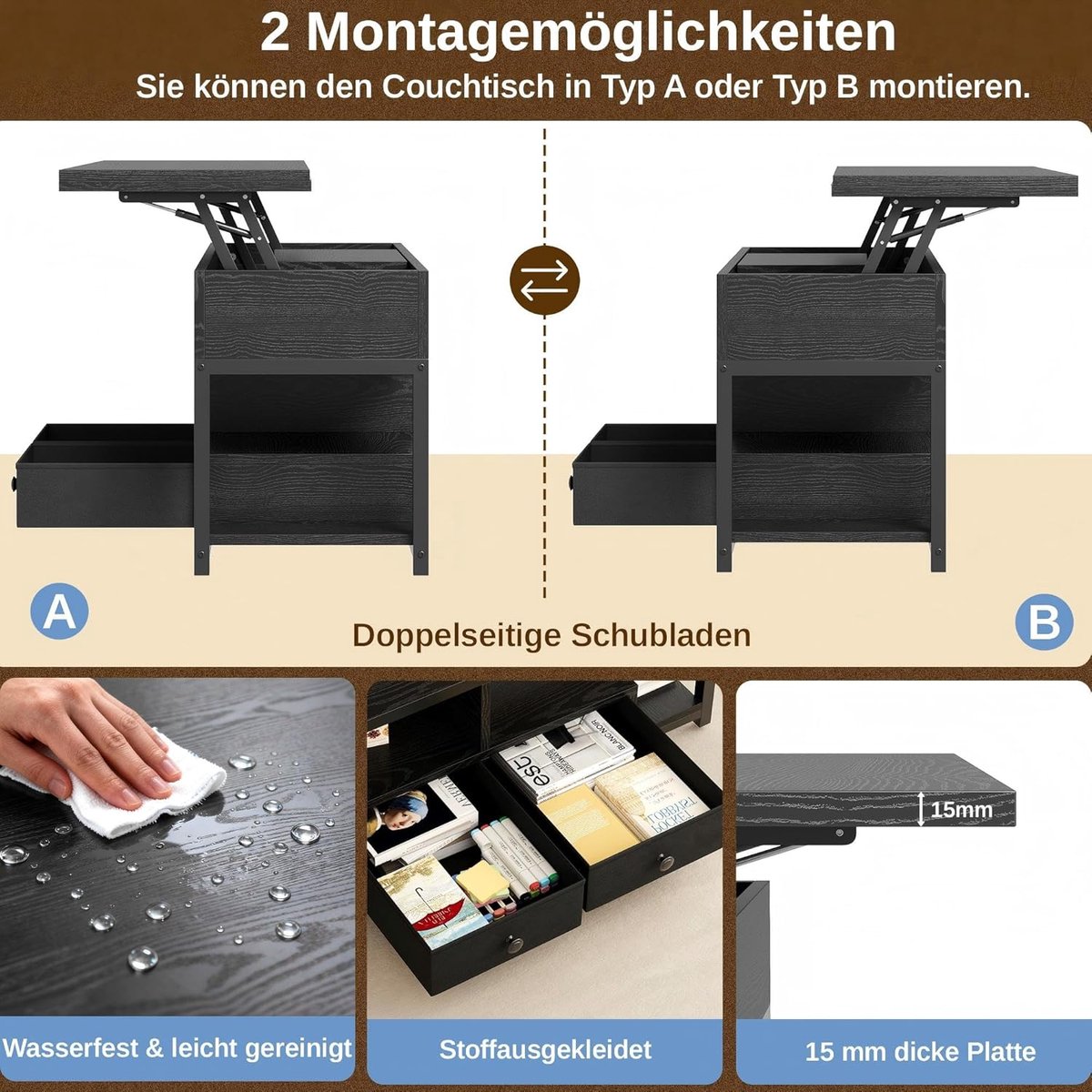 Verstelbare Salontafel met LED, Stopcontacten (2x AC + USB + USB-C), Uitschuifbare Eettafel 100×80 cm – House&Garden Multifunctionele Koffietafel met 2 Lades, Hoogteverstelbaar, Modern Design, Hout – 3-in-1 Woonkamer Tafel