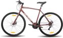 Bordeauxrode Hiland hybride fiets met zwarte banden, gele reflectoren en zilveren velgen. De fiets heeft een 'HILAND' logo op het frame.