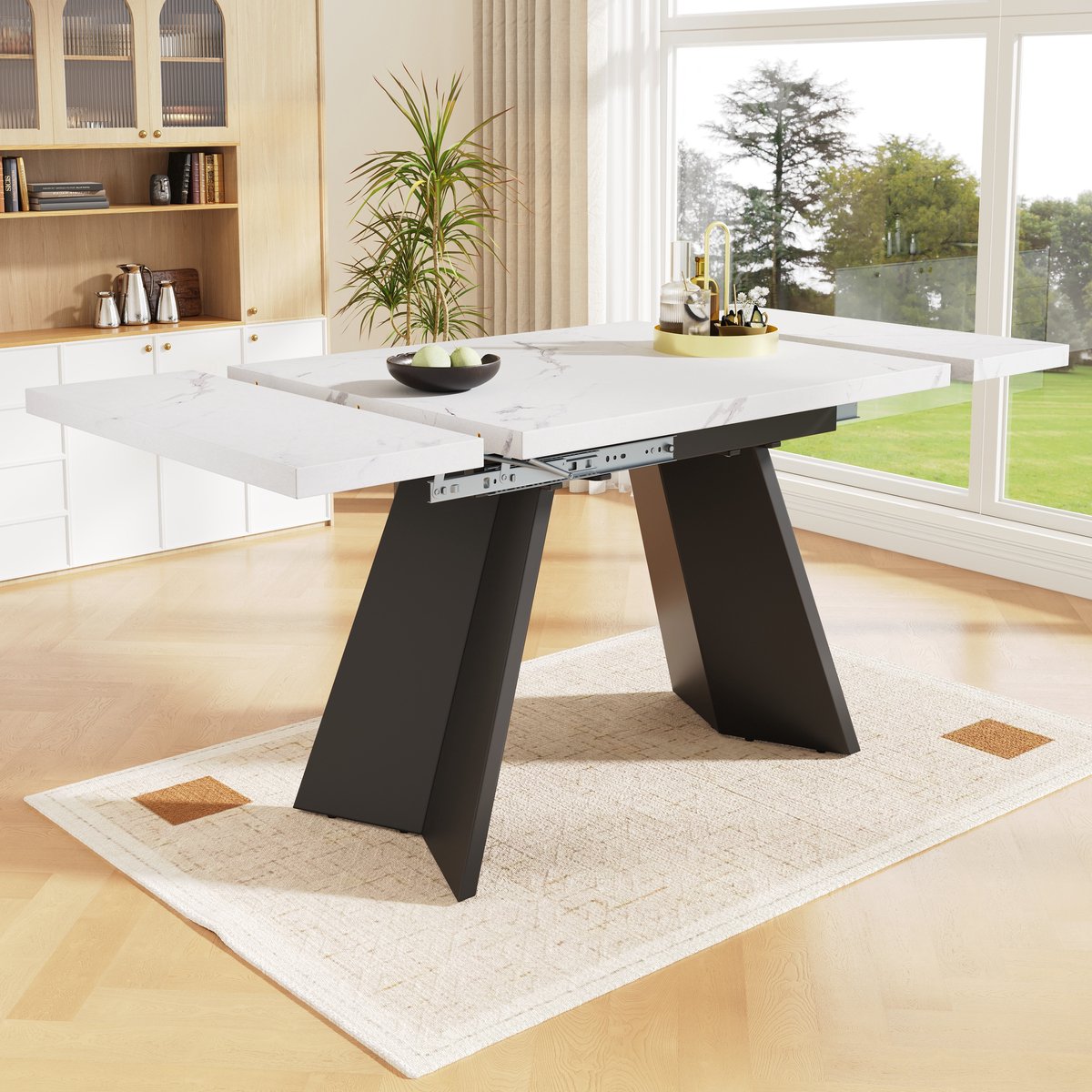 Telescopische Eettafel (99-159 x 74 cm), Uitschuifbare Eettafel, Ruimtebesparende Keukentafel, Breed Werkblad, Flexibel Ontwerp, voor Thuiskantoor en Woonkamer, wit Tafelblad met Platte Tafelpoten-White+Blackb