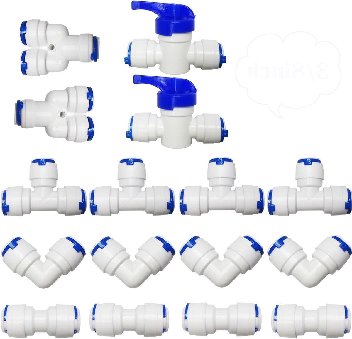 16-delige Universele Waterfilter Aansluitset voor 3/8 Inch Slangen, Inclusief Y, T, I en L Type Combinatie met Afsluitklep voor Koelkast en Waterleiding