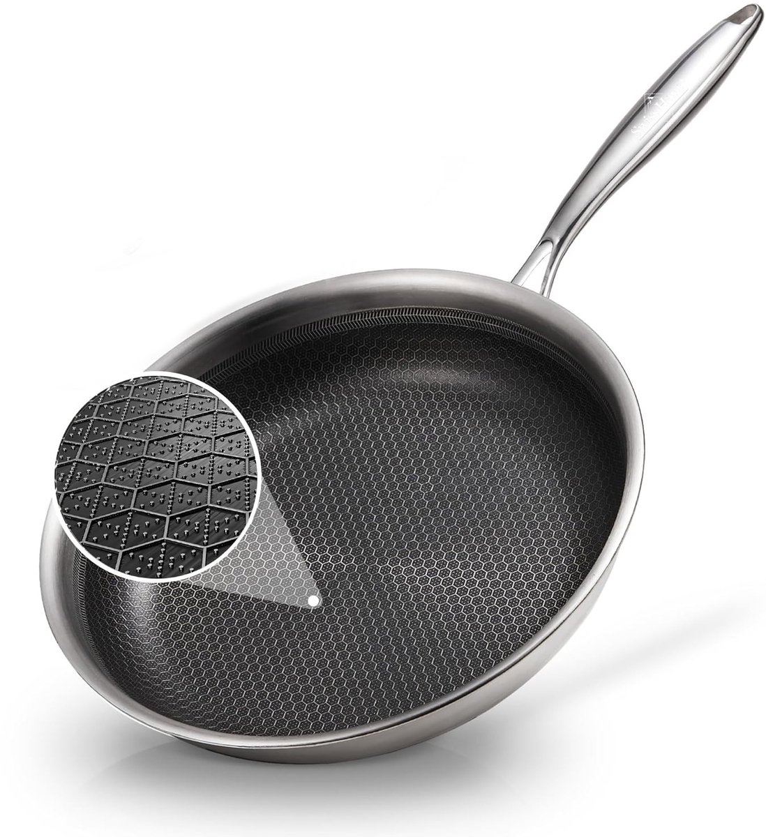 Swiss Haus® ZGFP30 Koekenpan Inductie - Ø 30 cm - PFAS Vrij Bakpan - Pan Met Honingraat Anti-aanbak - Koekenpannen Voor Alle Warmtebronnen - Krasbestendig - Oven & Vaatwasbestendig - RVS