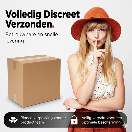 Een vrouw met een hoed die een geheim gebaar maakt, naast een bruine kartonnen verzenddoos. Discreet verpakt voor snelle levering.