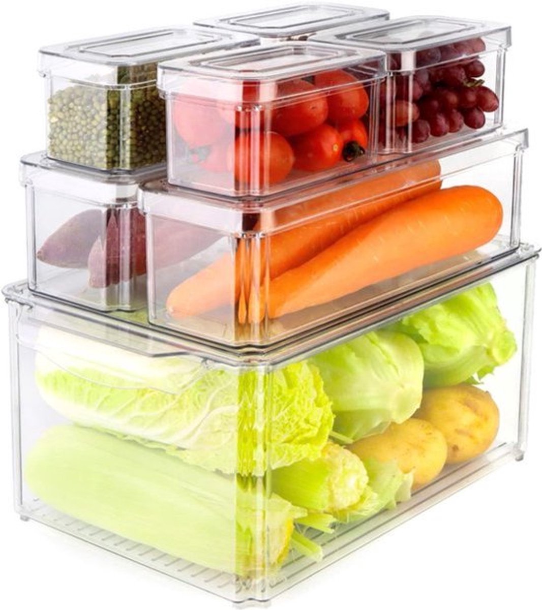 Koelkastorganizer set van 7 stapelbare opbergdozen met deksel en handgreep voor keuken, kasten, badkamers - BPA-vrij.