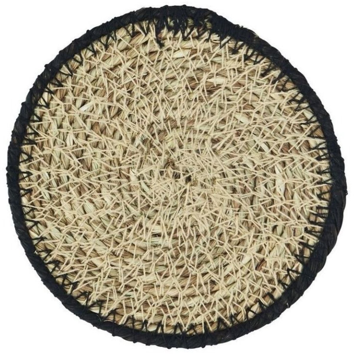 Madam Stoltz - Set van 6 Zeegras Onderzetters met zwarte geborduurde rand - 10 cm